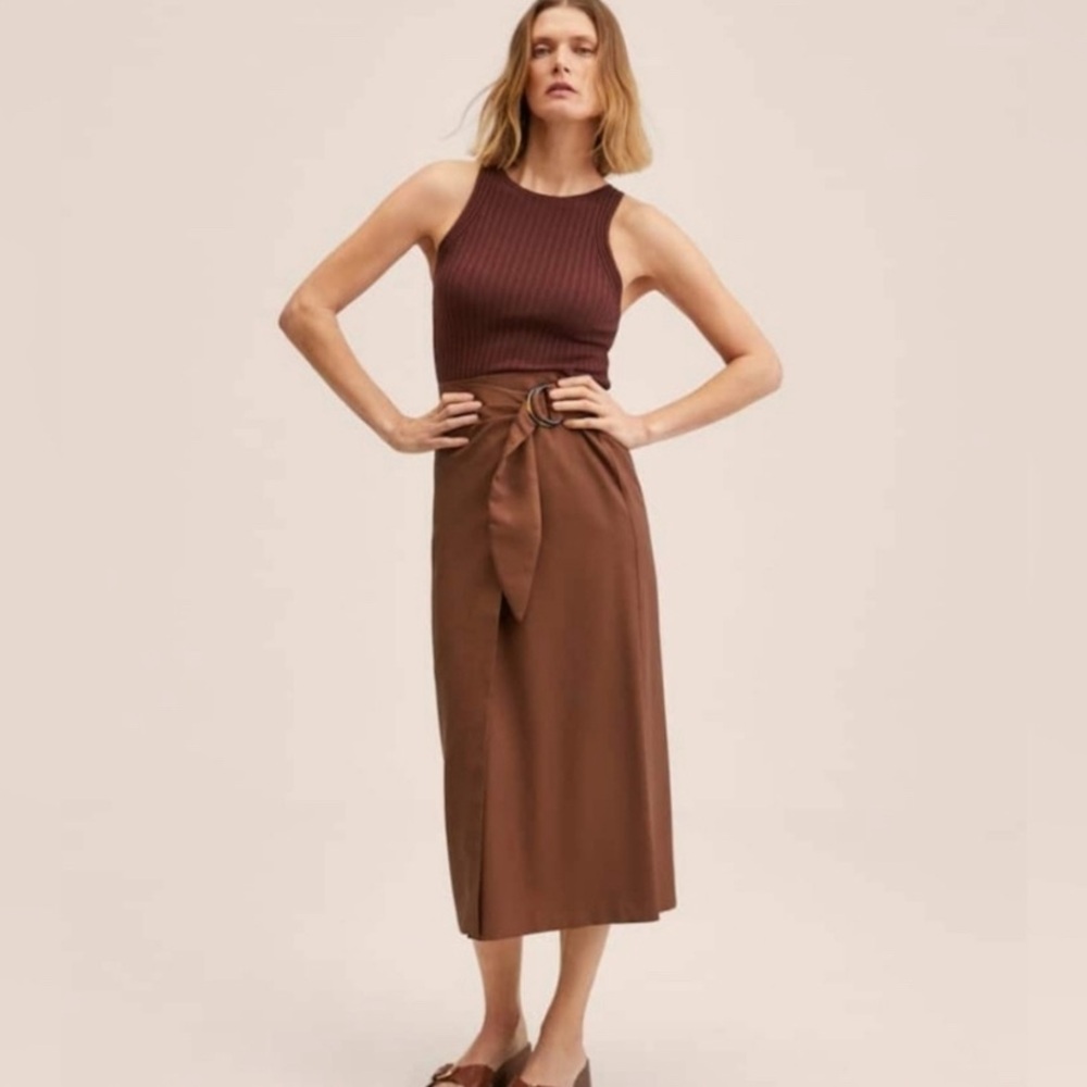 Mango NWT Tortoiseshell Buckle Wrap Midi Skirt Size Medium